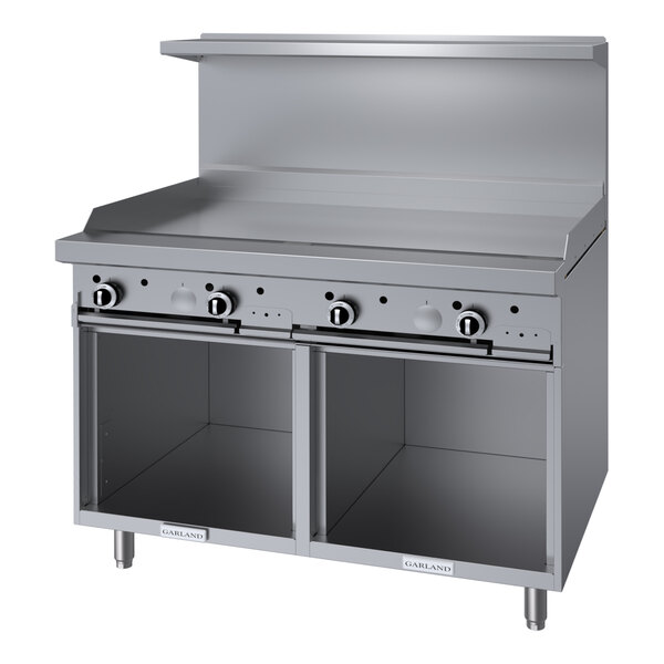 A commercial stainless steel natural gas range with a 48-inch griddle and two open storage bases.