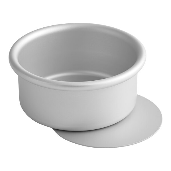 A silver Fat Daddio's round cake pan with a removable bottom.