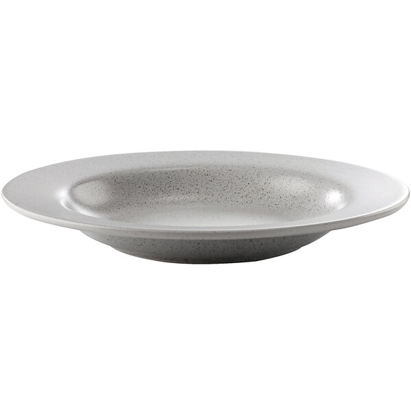 A white Corona by GET Enterprises Moon wide rim bowl with speckled specks.