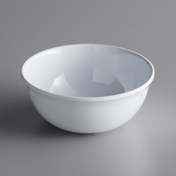 A white Acopa Foundations melamine bowl on a gray surface.