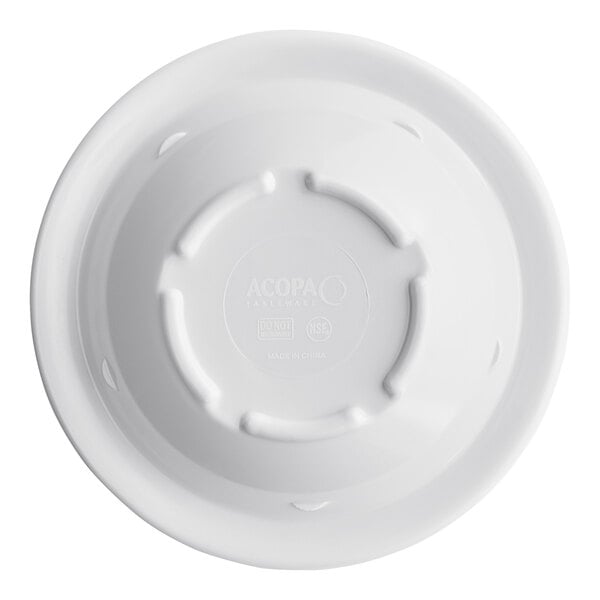 A white melamine fruit dish with a narrow rim, shown from the bottom.