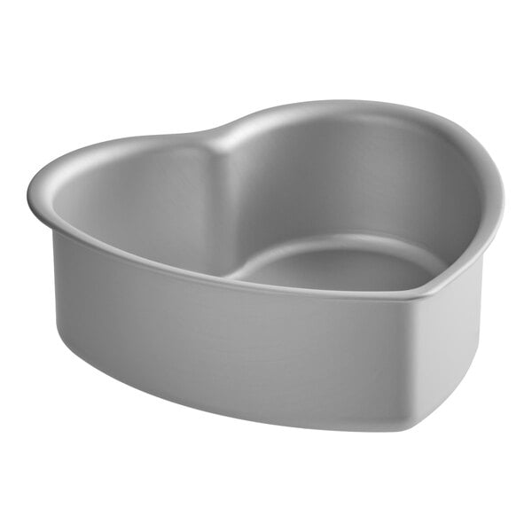 A heart-shaped anodized aluminum cake pan.
