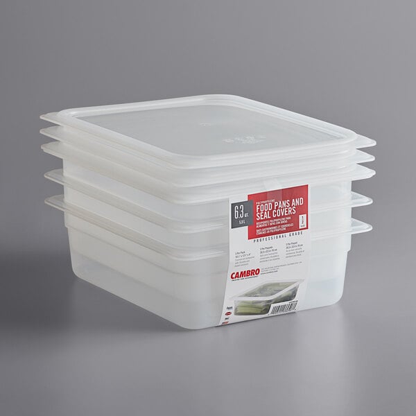 A stack of three Cambro translucent plastic food containers with seal covers.