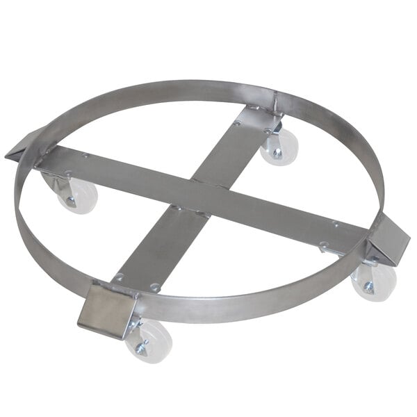 A Wesco stainless steel dolly for steel drums with metal wheels.