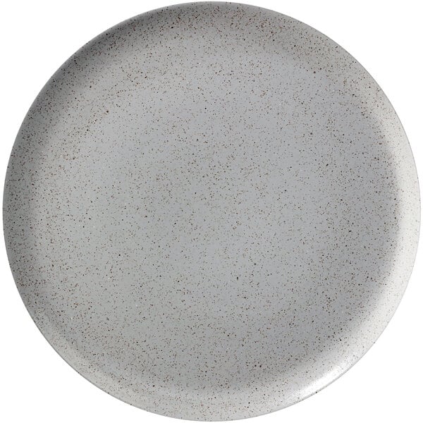A white Corona by GET Enterprises porcelain coupe plate with speckled specks.