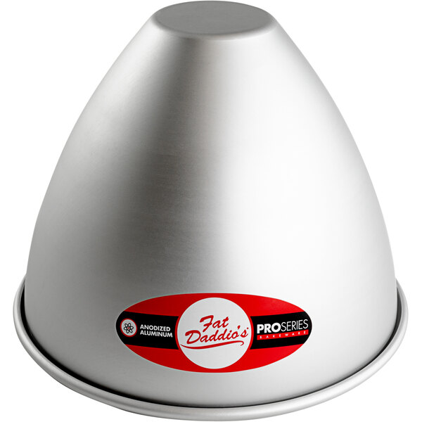 A silver Fat Daddio's round cake pan with a cone-shaped container on top.