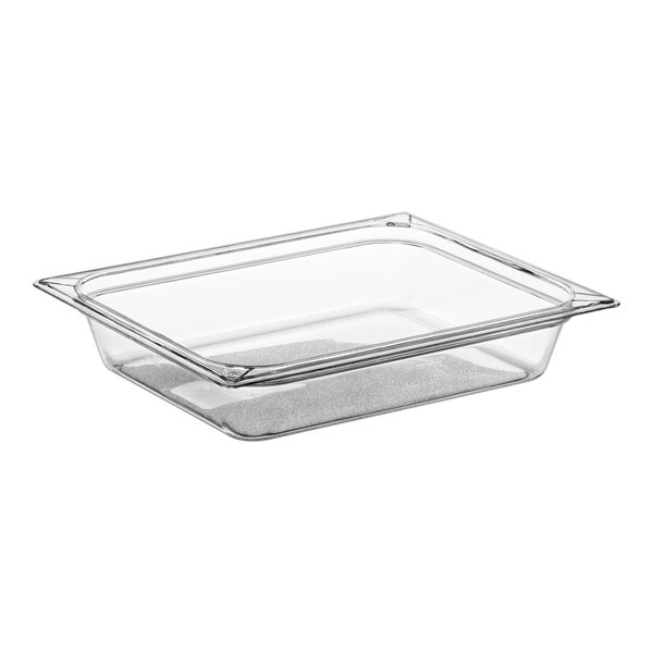 A clear plastic Vigor food pan with a lid.