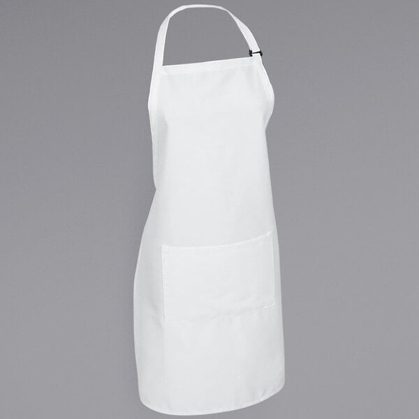 A white Mercer Culinary bib apron with a pocket.