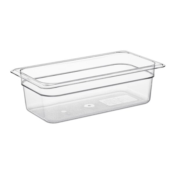 A Vigor clear polycarbonate food pan with a lid.