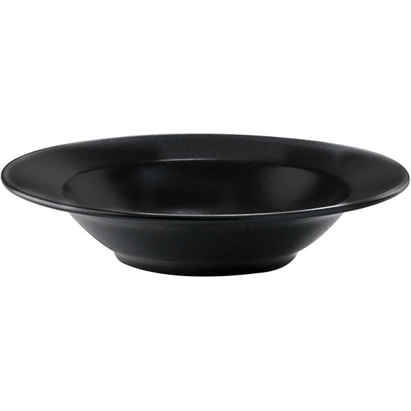 A black bowl with a round rim.