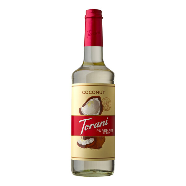 A Torani Puremade Coconut Flavoring Syrup 750 mL glass bottle with a label.