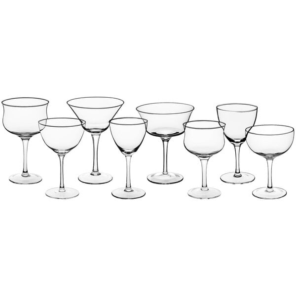 A group of Acopa Deco rose and cocktail glasses.