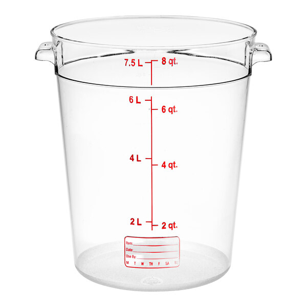 A clear plastic Vigor food storage container with red measurements.
