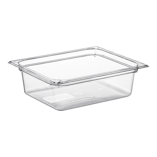 A clear Vigor polycarbonate food pan on a counter.