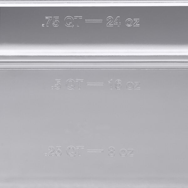 A close-up of a clear Vigor 1/9 size clear polycarbonate food pan.