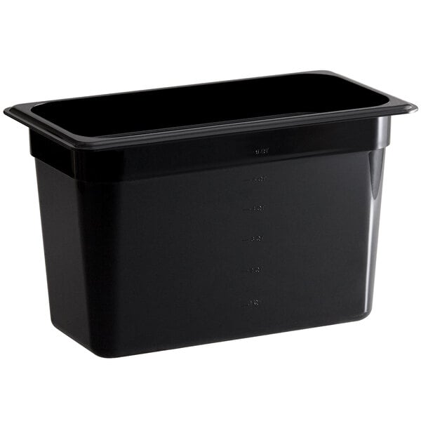 A black rectangular Vigor polycarbonate food pan.