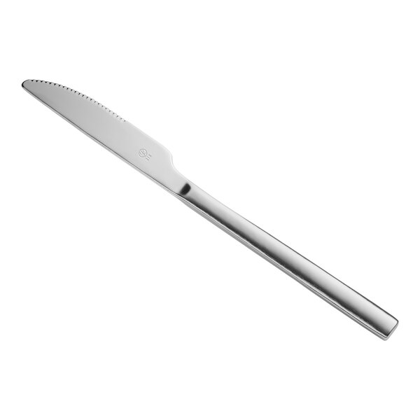 A close-up of a Libbey stainless steel dinner knife with a silver handle.
