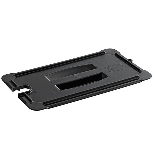 A black plastic Vigor food pan lid with a handle and notch.
