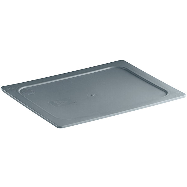 A grey rectangular Vigor food pan lid on a grey rectangular food pan.
