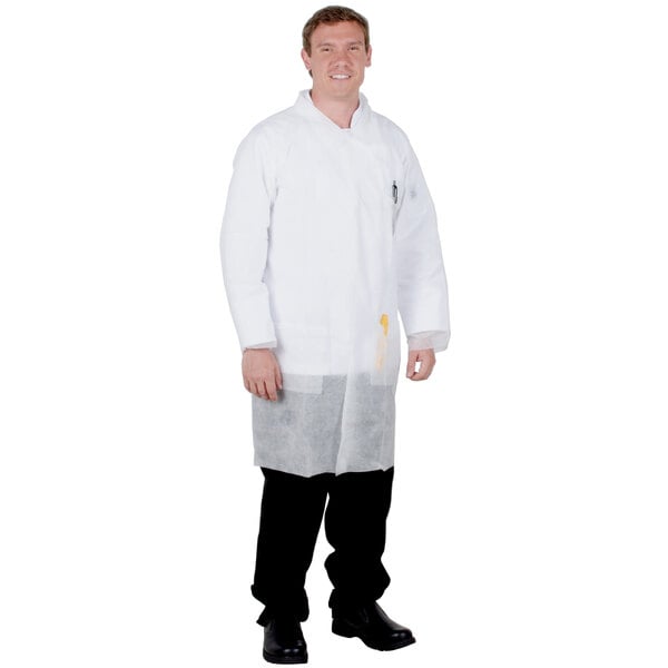 A man wearing a white Cordova polypropylene lab coat.