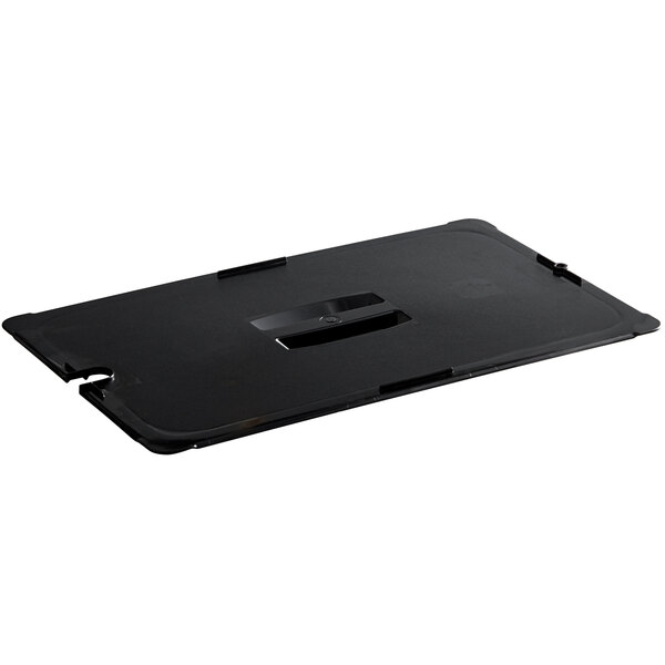 A black rectangular Vigor polycarbonate food pan lid with a handle and notch.