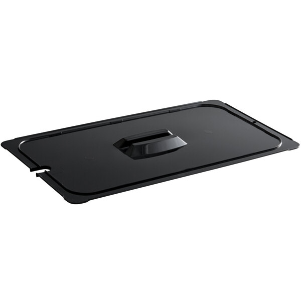 A black rectangular Vigor polycarbonate food pan lid with a handle and notch.