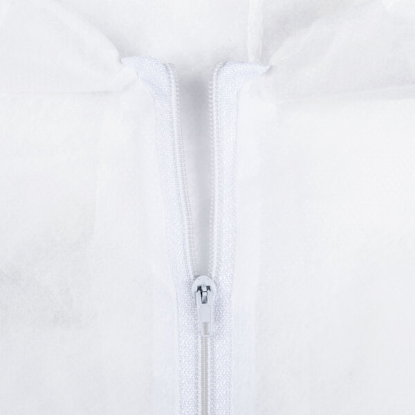 A close-up of a zipper on a white Cordova coverall.