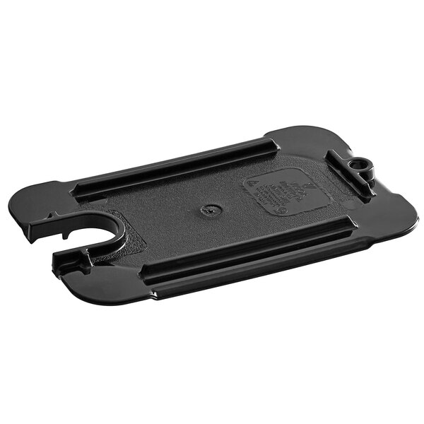 A black plastic food pan lid with a notch.