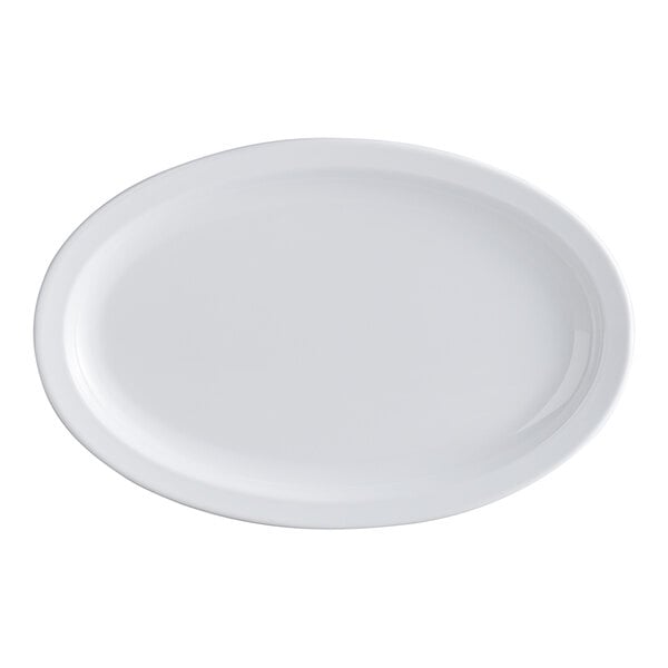 A white, oval-shaped melamine platter with a narrow rim.