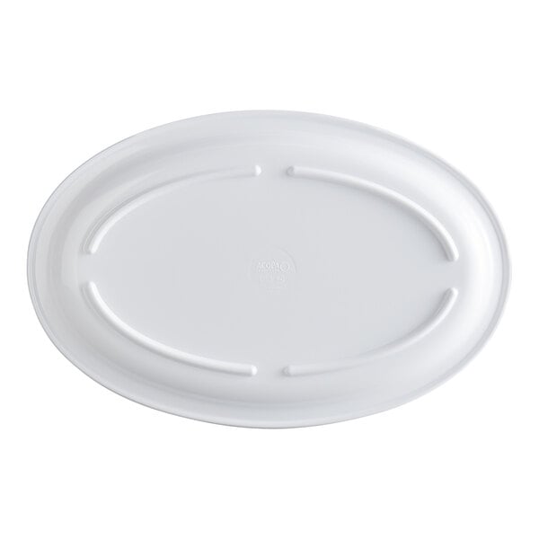 A white, oval-shaped melamine platter with a narrow rim.
