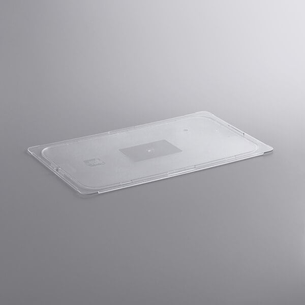 A clear plastic lid for a square food pan.