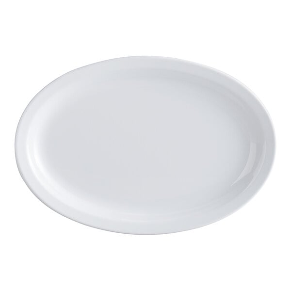 An oval white melamine platter with a narrow rim.