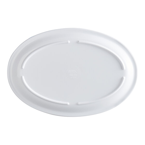An oval white melamine platter with a narrow rim.