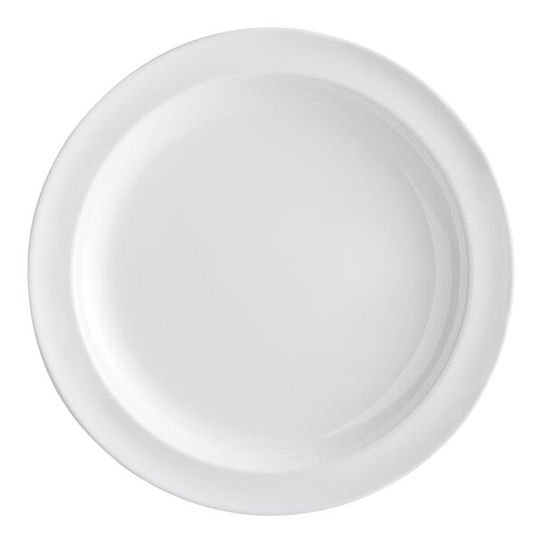 A plain white, round melamine plate with a narrow rim.