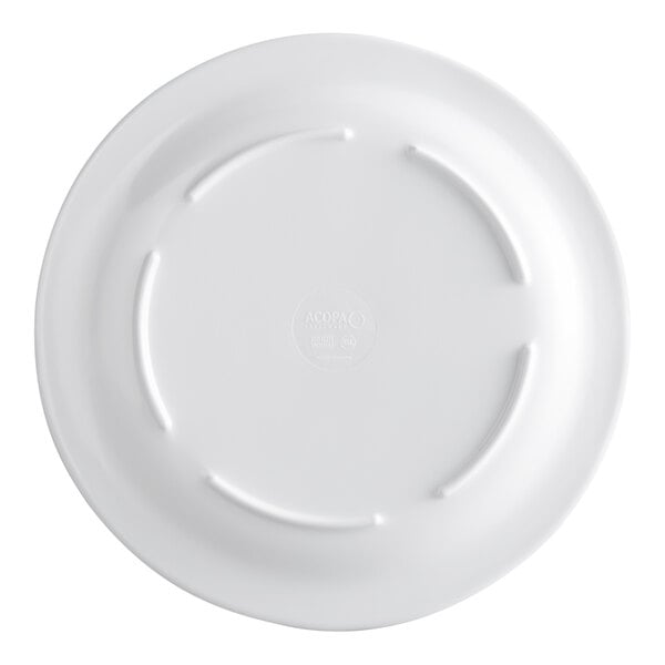 A white melamine plate with a narrow rim, shown from the bottom.