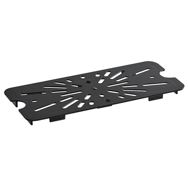 A black plastic tray with holes.