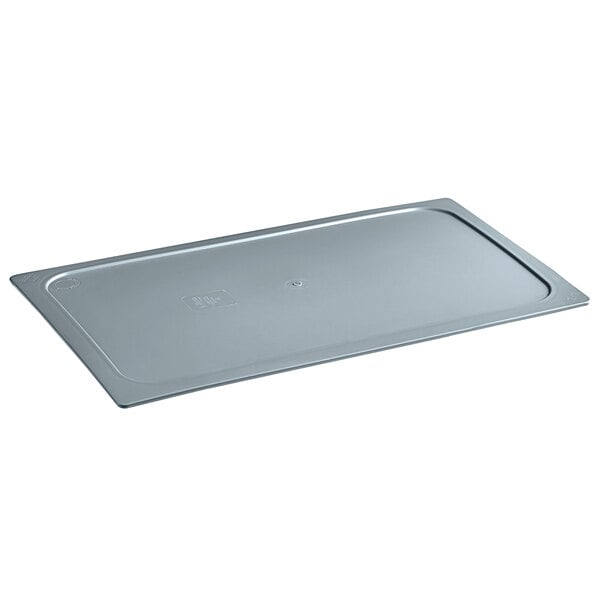 A gray rectangular plastic lid on a full size food pan.