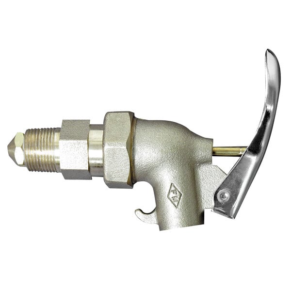 A silver metal Wesco Industrial Products heavy duty brass faucet with a handle.