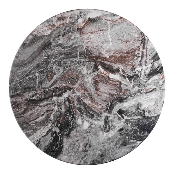 A 36-inch round table top with a smooth Paladina finish featuring a marbled pattern in shades of black, gray, and brown.