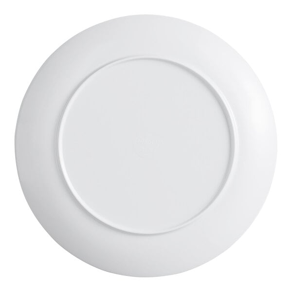 A round white melamine plate shown from the bottom.
