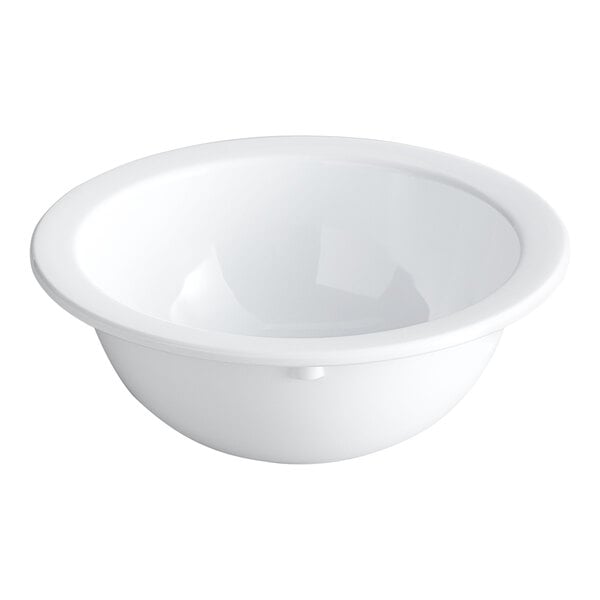 A white, round, narrow rim melamine bowl designed for serving grapefruit.