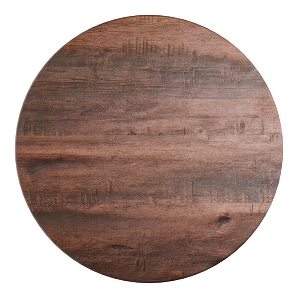 A 36-inch round table top with a textured walnut finish.