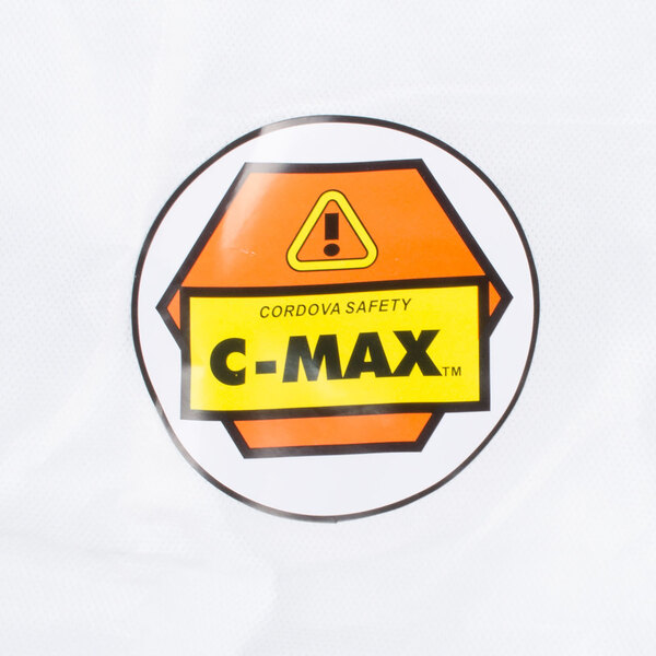 A close up of a white Cordova coverall label with a white sticker that says "C - Max"