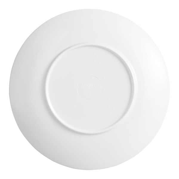 A round white melamine plate shown from the bottom.