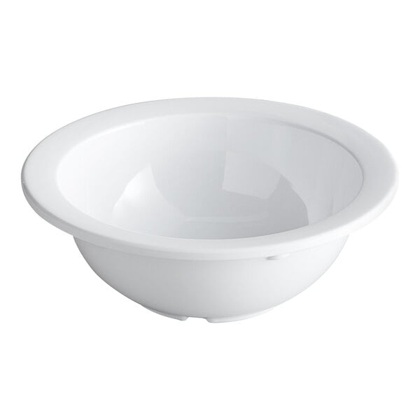 A white, round, narrow rim melamine bowl designed for serving grapefruit or similar foods.