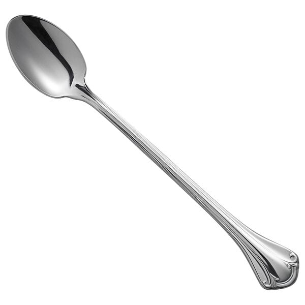 A World Tableware stainless steel iced tea spoon with a handle.