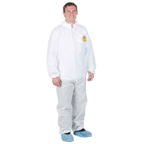 A man wearing a white Cordova disposable coverall suit.