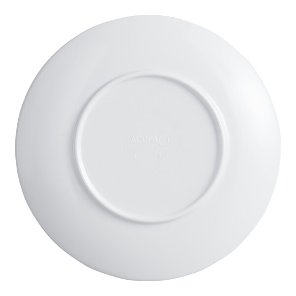 A round white melamine plate shown from the bottom.