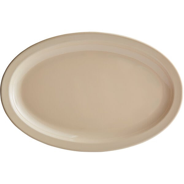 A tan oval platter with a white background and black lines.