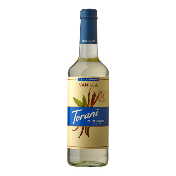 A Torani Puremade Zero Sugar Vanilla Flavoring Syrup bottle with a blue and white label.